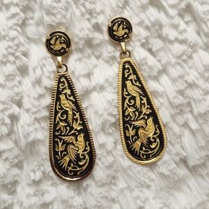 Vintage Damascene Bird & Floral Dangle Earrings